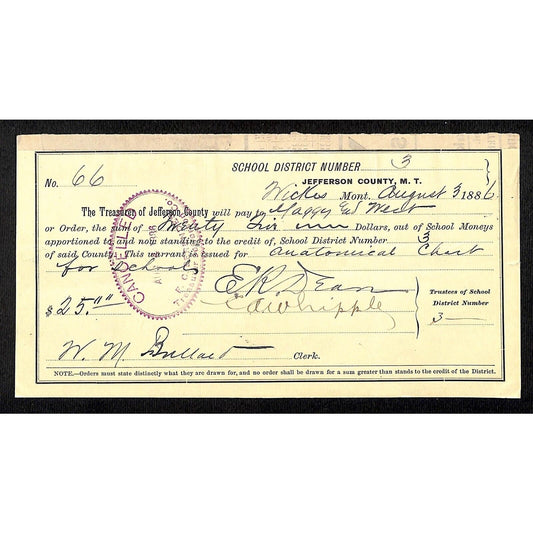 1886 Jefferson County Montana Territory School Warrant for "Anatomical Chart"