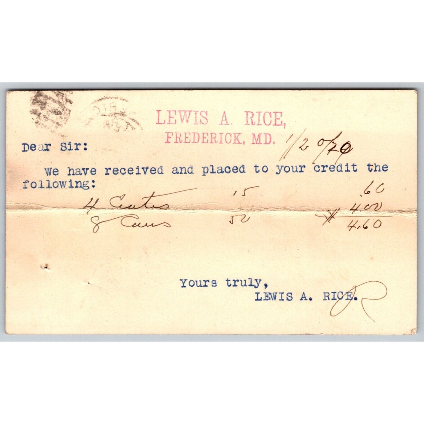Lewis A. Rice Frederick, MD 1916 Payment Receipt Postcard