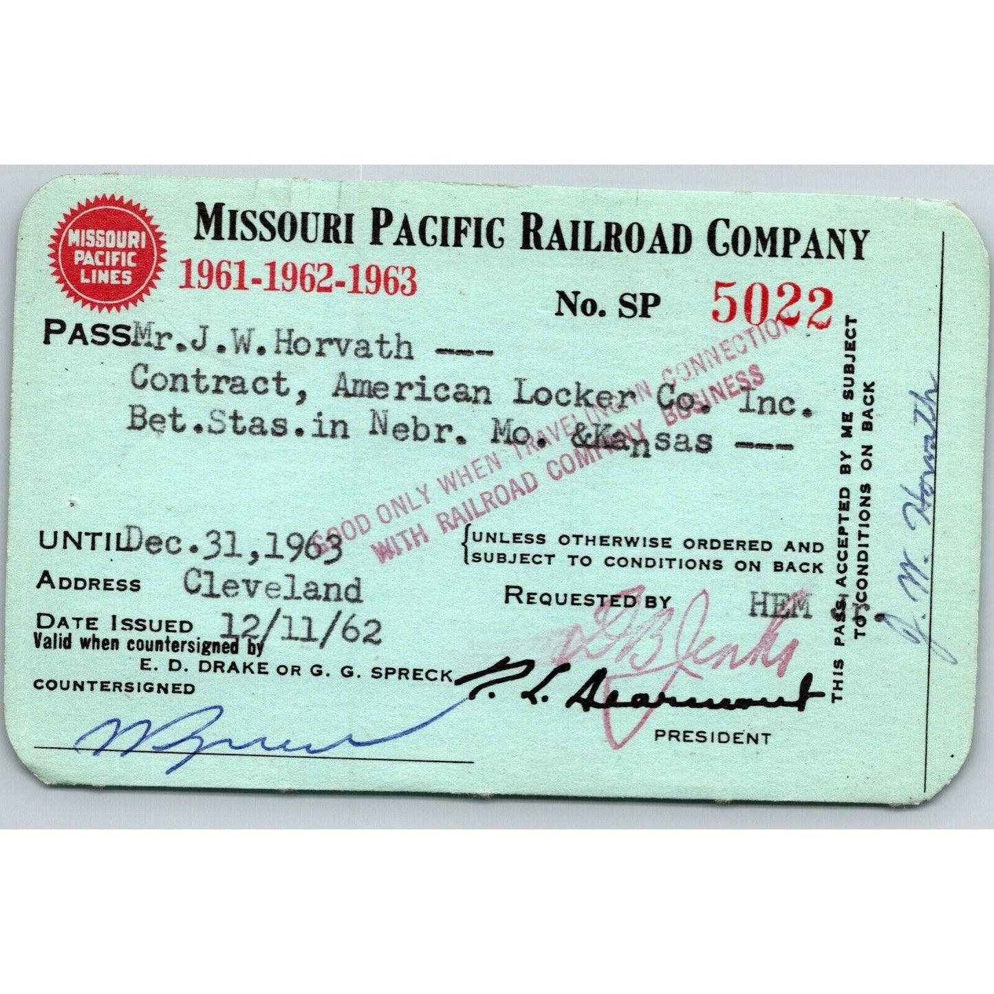 Missouri Pacific Railroad 1961-62-63 Yearly Train Pass #5022