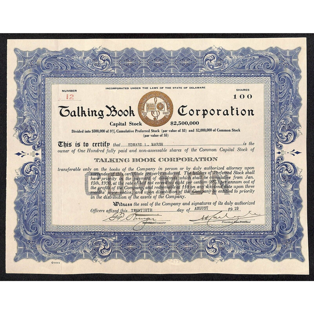 Talking Book Corporation* 1919 Stock Certificate Edward L. Marsh Scarce VGC