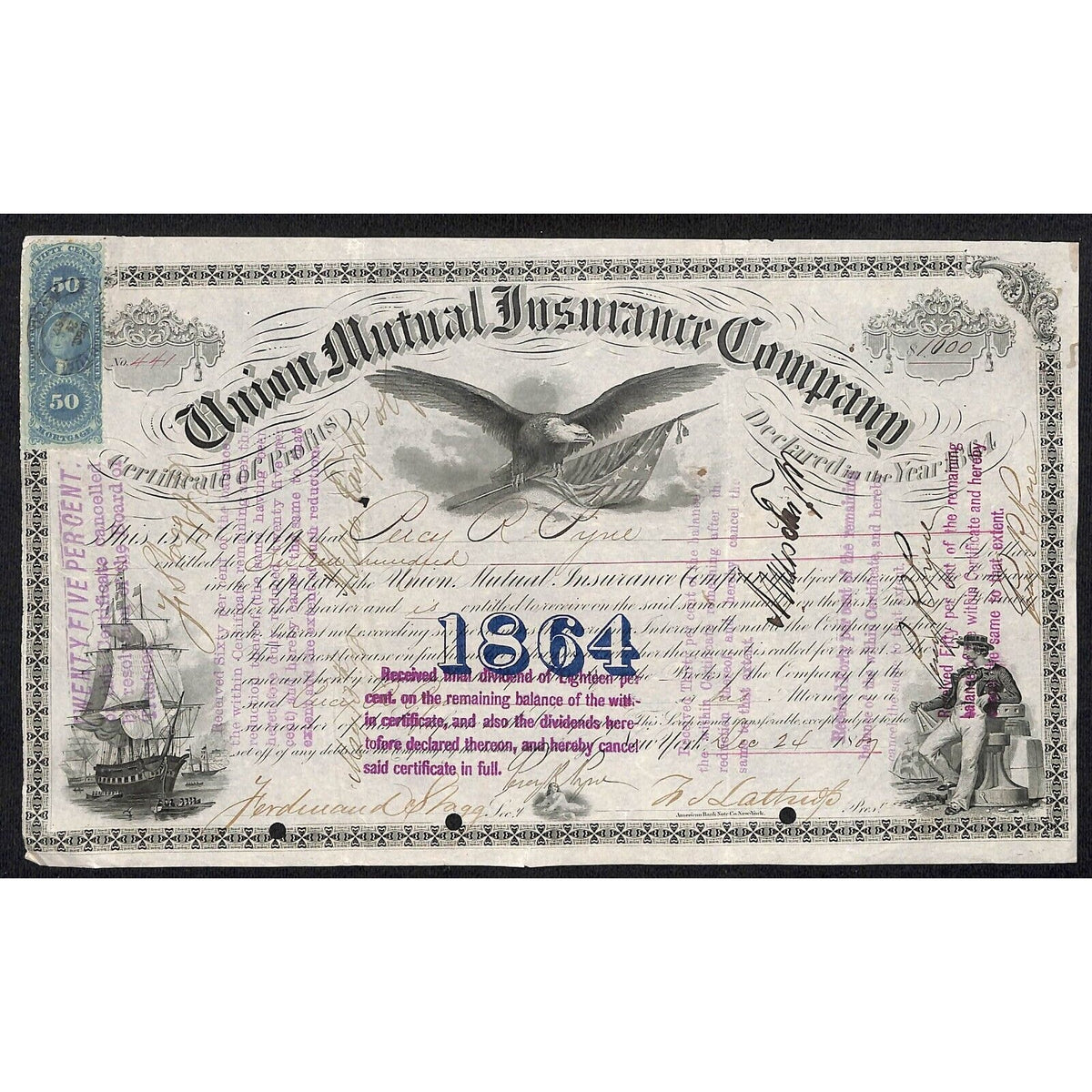 Union Mutual Insurance Co. NY 1864 Stock Certificate Percy R. Pyne Tax Stamp