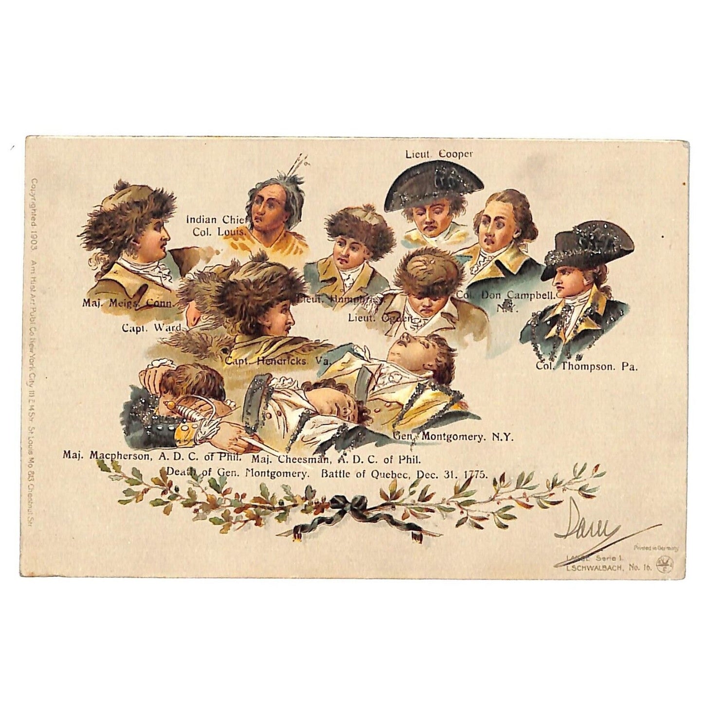 Battle of Quebec Death of Gen. Montgomery Patriotic Postcard c1903 w/ Glitter