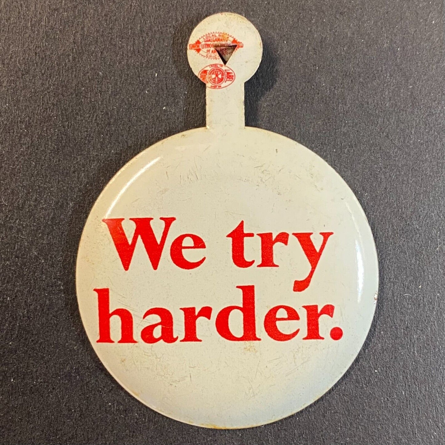 Avis Rent A Car "We Try Harder" Steel Fold Over Lapel Pin c1964 Ford