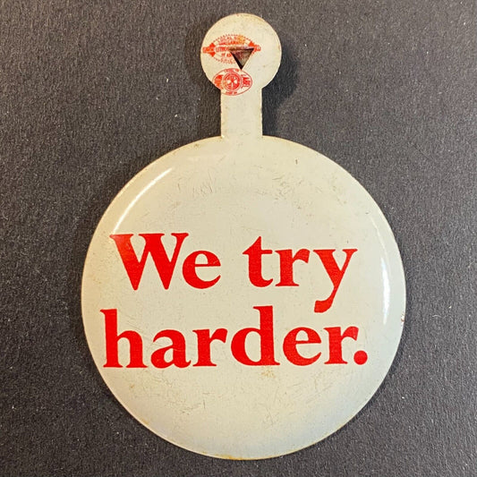 Avis Rent A Car "We Try Harder" Steel Fold Over Lapel Pin c1964 Ford