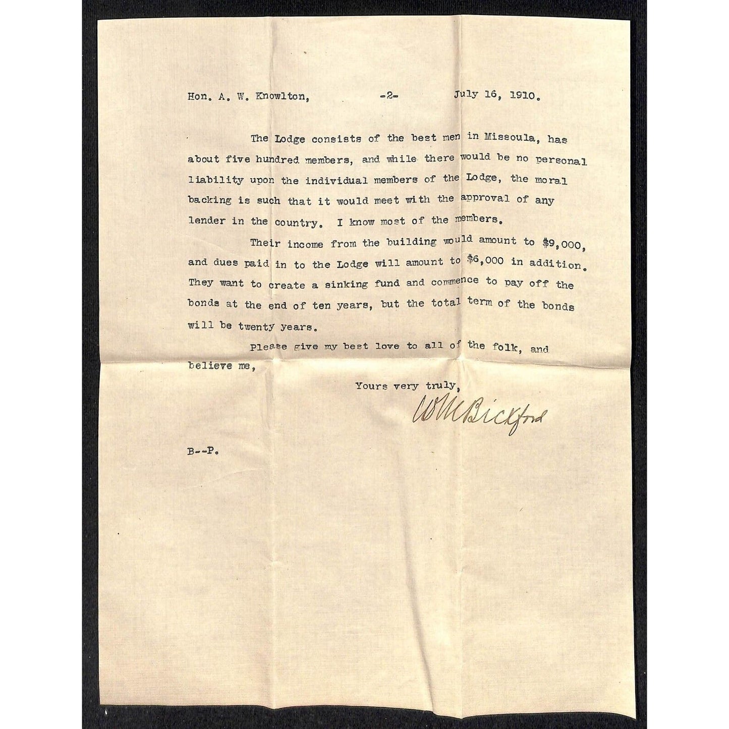 Walter Bickford Butte, MT Attorney 1910 Letterhead re: 6% Bonds RE Project VGC