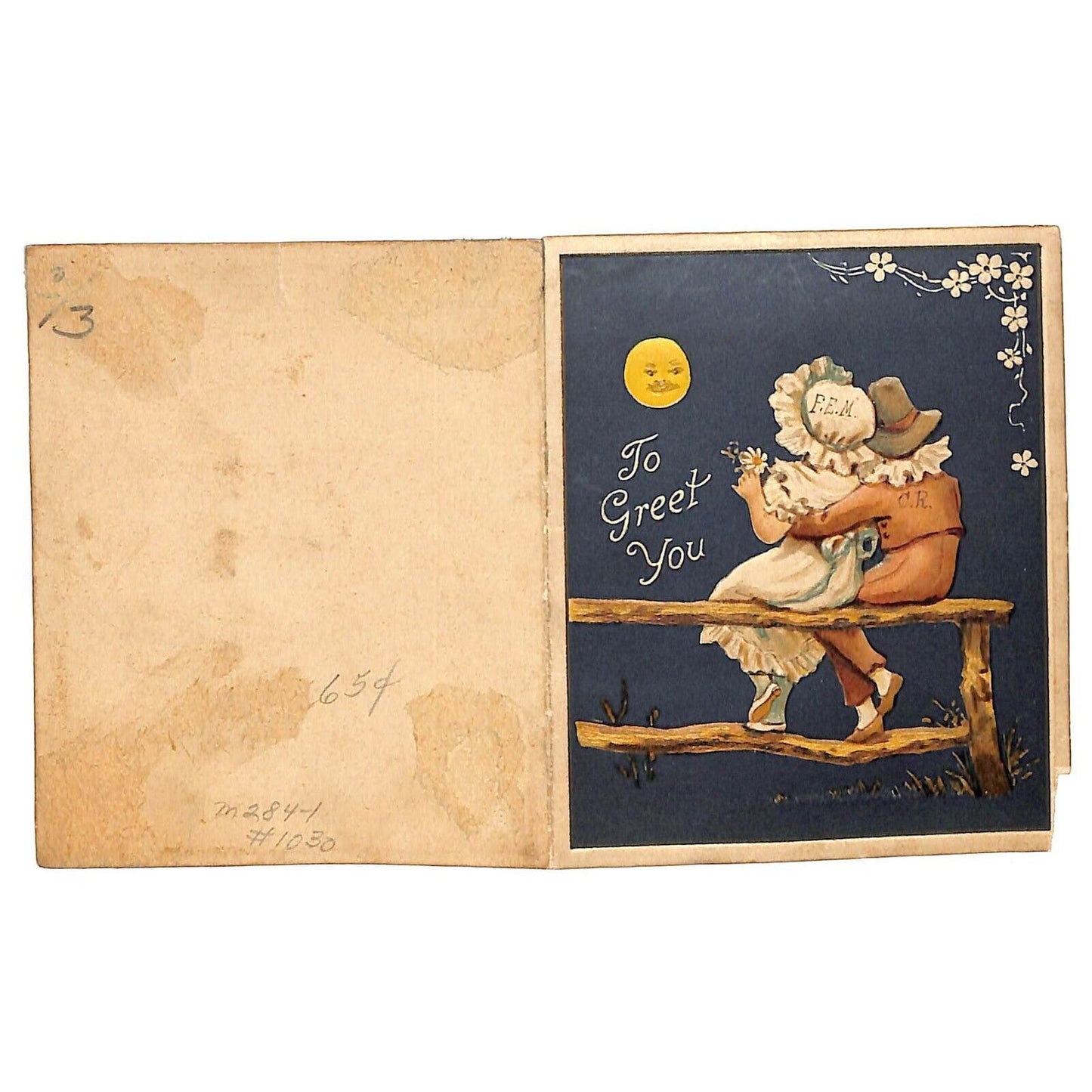 "To Greet You" Victorian ? Romantic Christmas Card Embossed w/ Moon Face