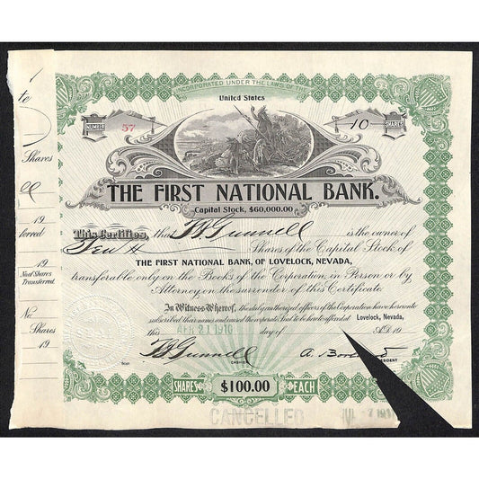 First National Bank of Lovelock, NV 1910 Stock Certificate to F.I. Gunnell *