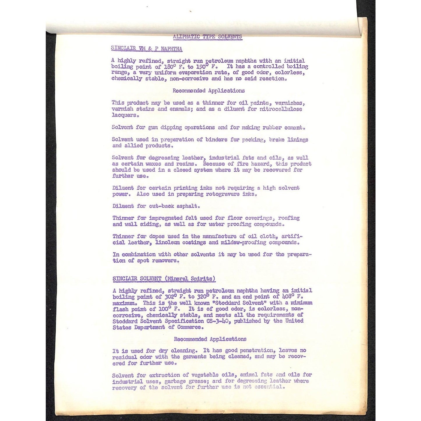Sinclair Oils 1958 Letterhead + 3pp & "Sinclair Solvents Typical Tests Chart