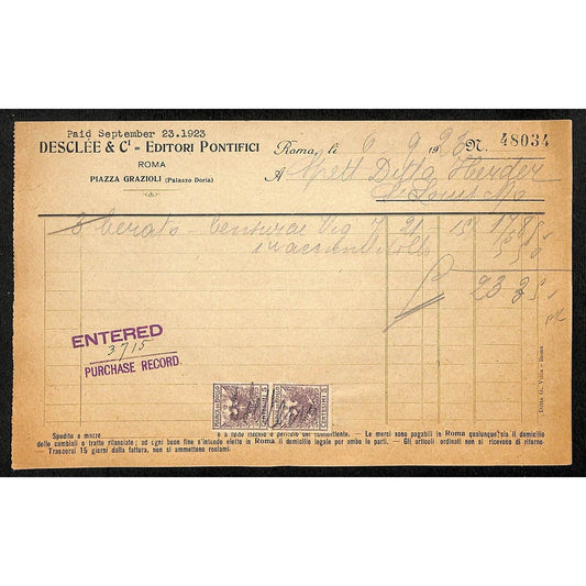 Desclée & Compagnie Rome Pontifical Publishers 6/9 1923 Billhead Tax Stamps