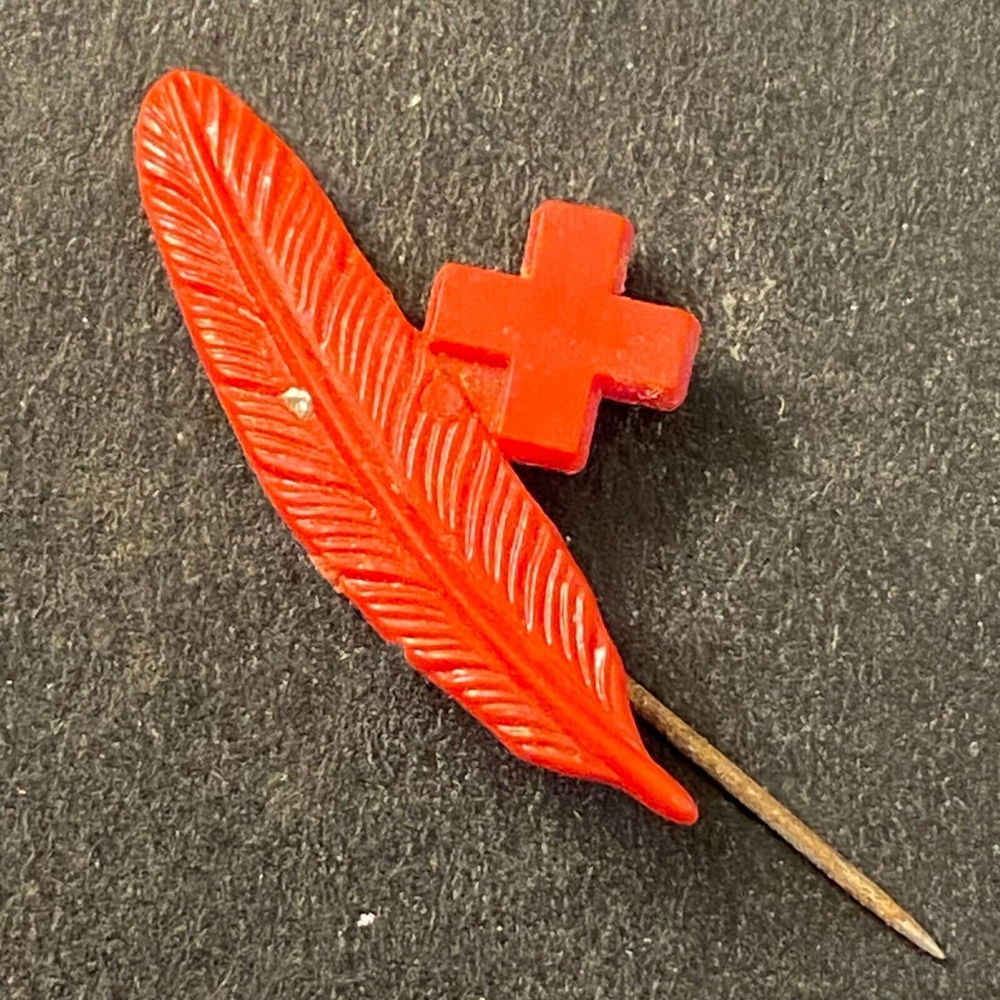 Red Cross Feather Plastic? Stick Pin / Lapel Pin / Hat Pin 7/8" Scarce