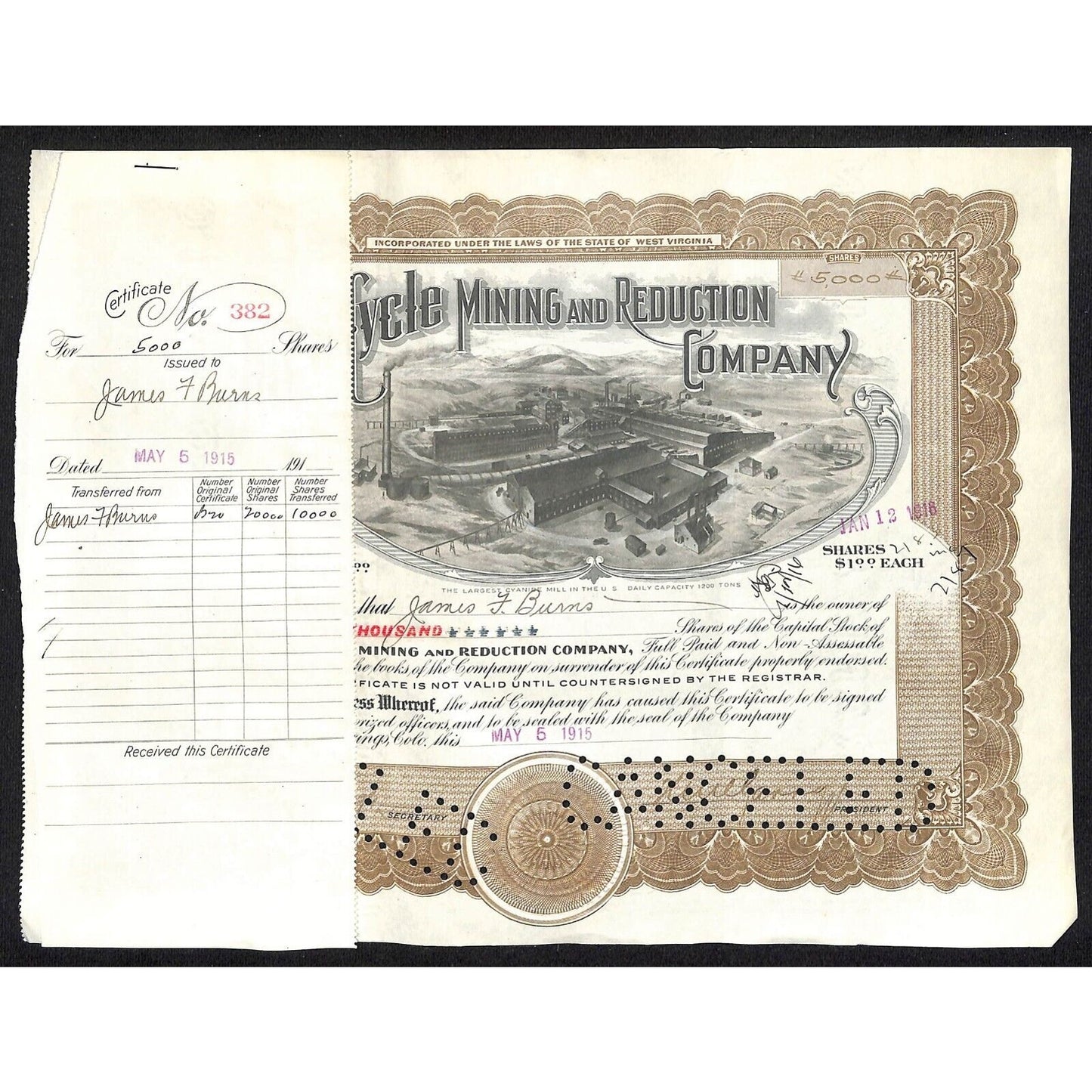 Golden Cycle Mining 1915 Stock Certificate w/ James F. Burns Sig. #382