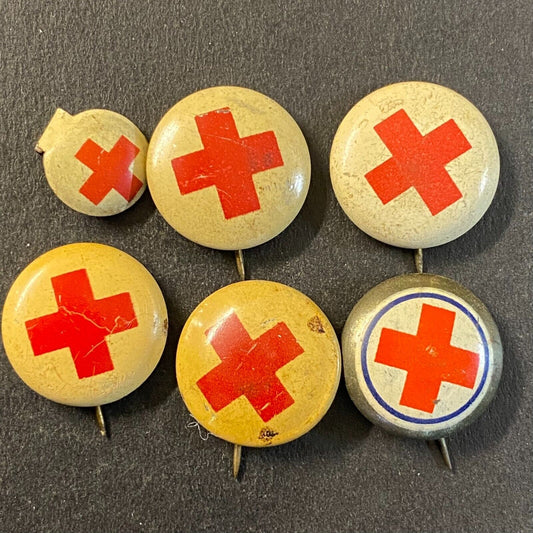 Group of 6 Small Red Cros Pinbacks - Incl 1 Fold Over 1/2" & Smaller