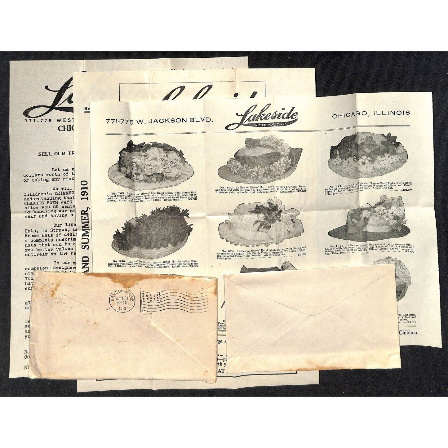 Chicago Lakeside Trimmed Hat Co. 1910 Product Sheet & Return Cover Knowlton*