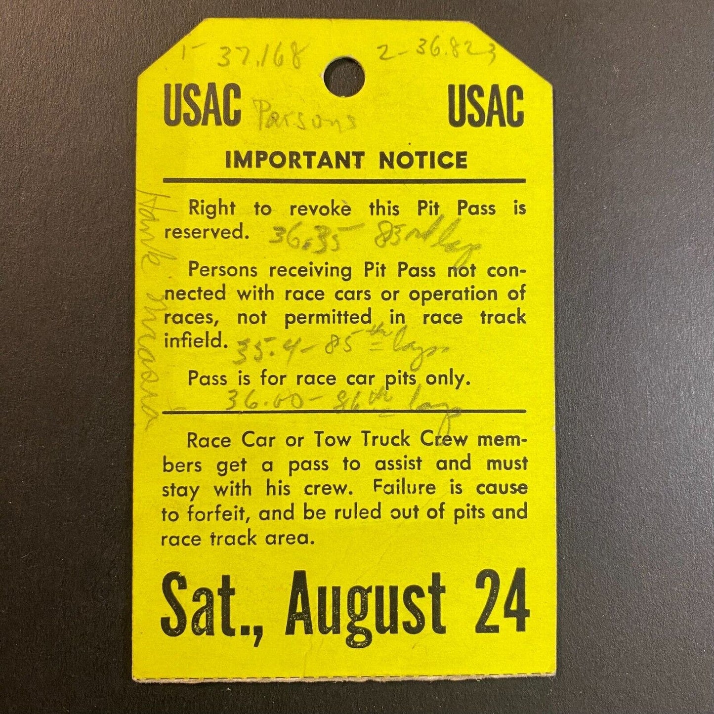 1957 Wisconsin State Fair Park USAC Auto Racing Pit Permit Pass Aug 24 VGC