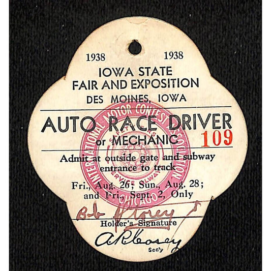 1938 Iowa State Fair Auto Race Driver or Mechanic Ticket / Pass #109 Scarce