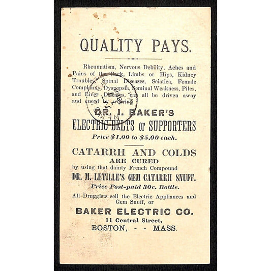 Boston, MA Baker Electric 1888 Electric Belts Advertising Postcard Postal Card