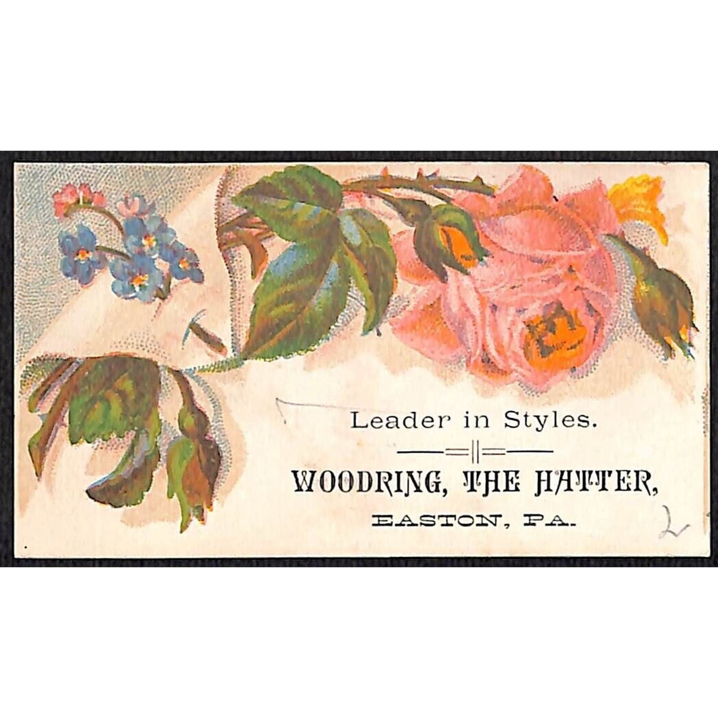 Easton, PA "Woodring, The Hatter" "Leader in Styles" Victorian Trade Card VGC