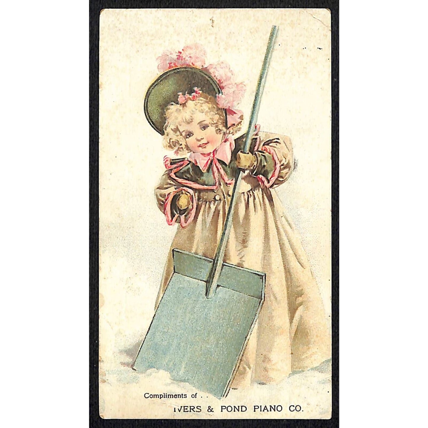 Ivers & Pond Pianos St. Johnsbury, VT Victorian Trade Card Girl w/ Snow Shovel