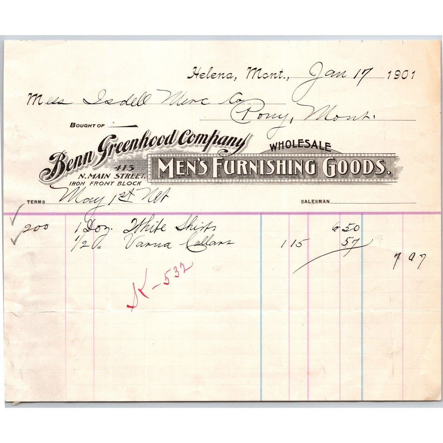 Helena, MT Benn Greenhood Co. Men's Furnishing Goods 1901 Billhead Scarce