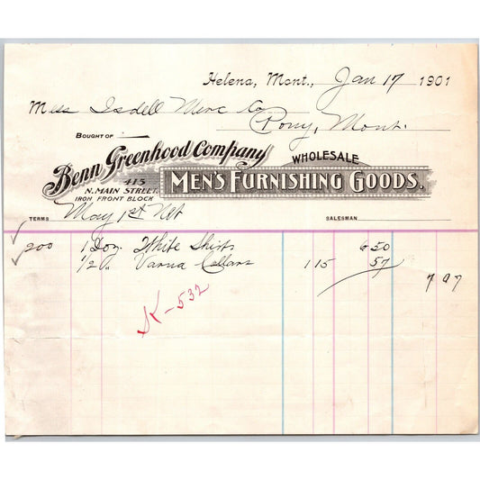 Helena, MT Benn Greenhood Co. Men's Furnishing Goods 1901 Billhead Scarce