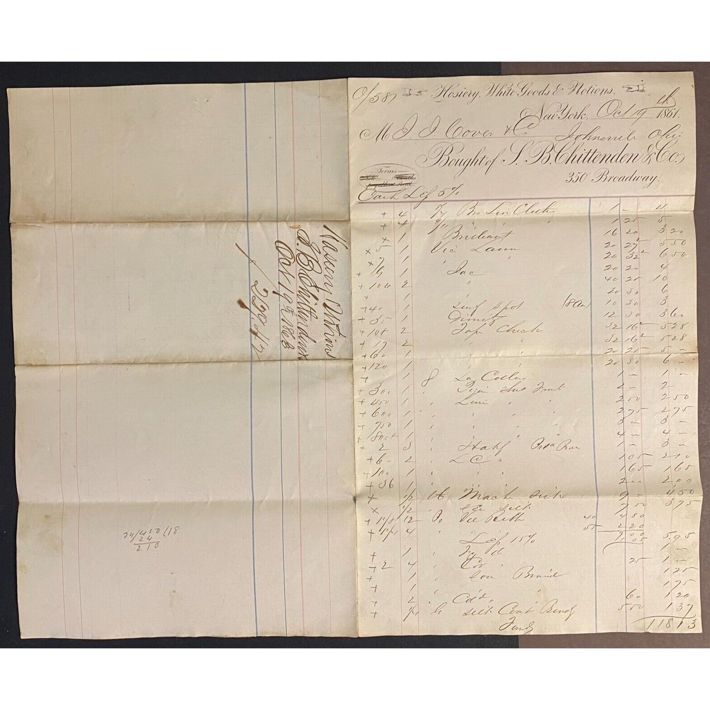 L.B. Chittenden & Co. Hosiery Broadway NYC 1863 J.J. Cover* Very Lg. Billhead