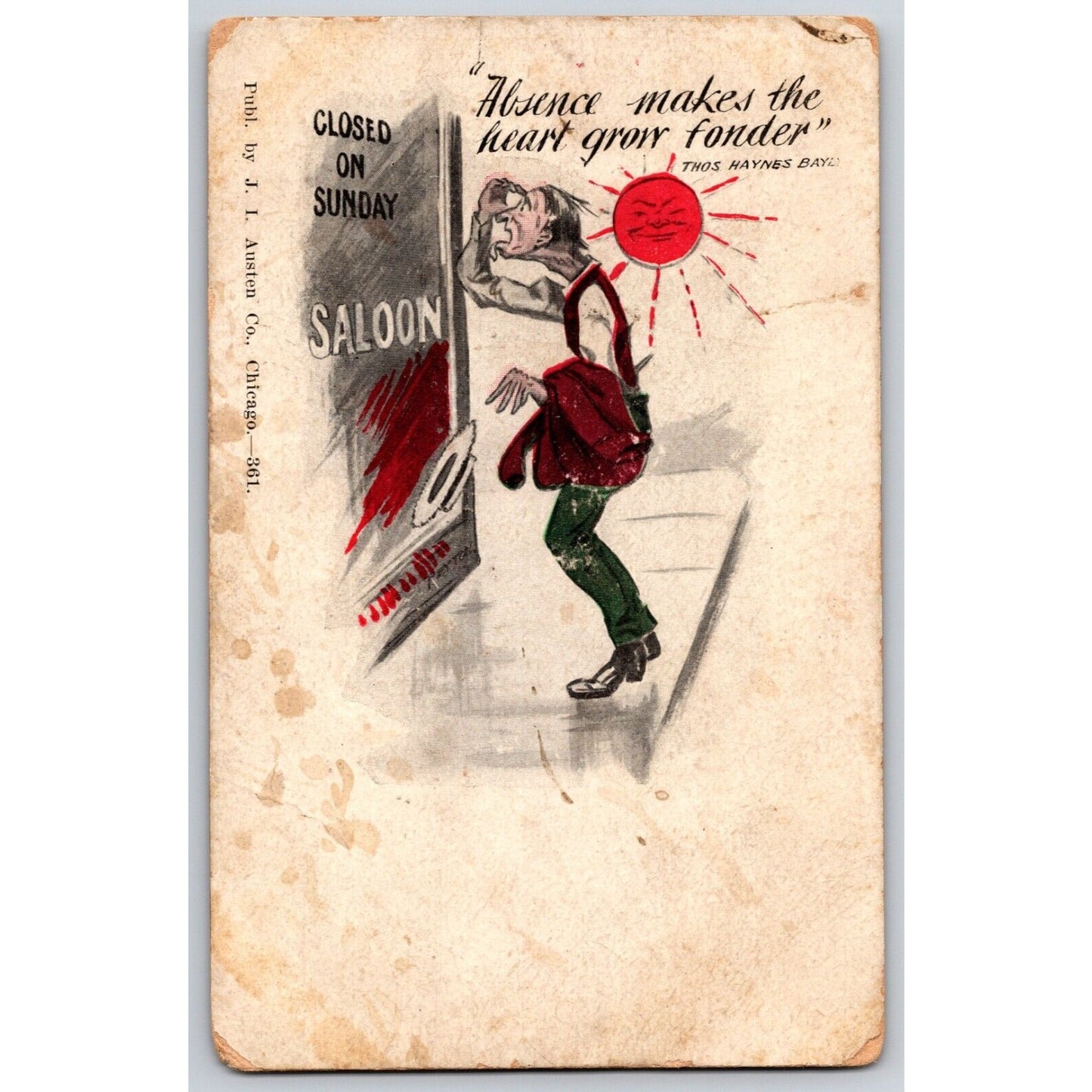 Funny Saloon Alcohol Humor Postcard "Absence Makes the Heart Grow Fonder" c1910
