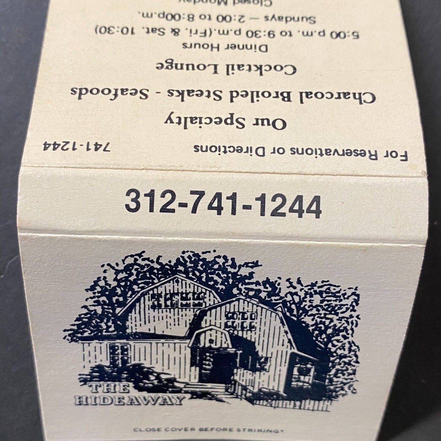 The Hideaway Restaurant St. Charles, IL Full Matchbook c1966-74 VGC