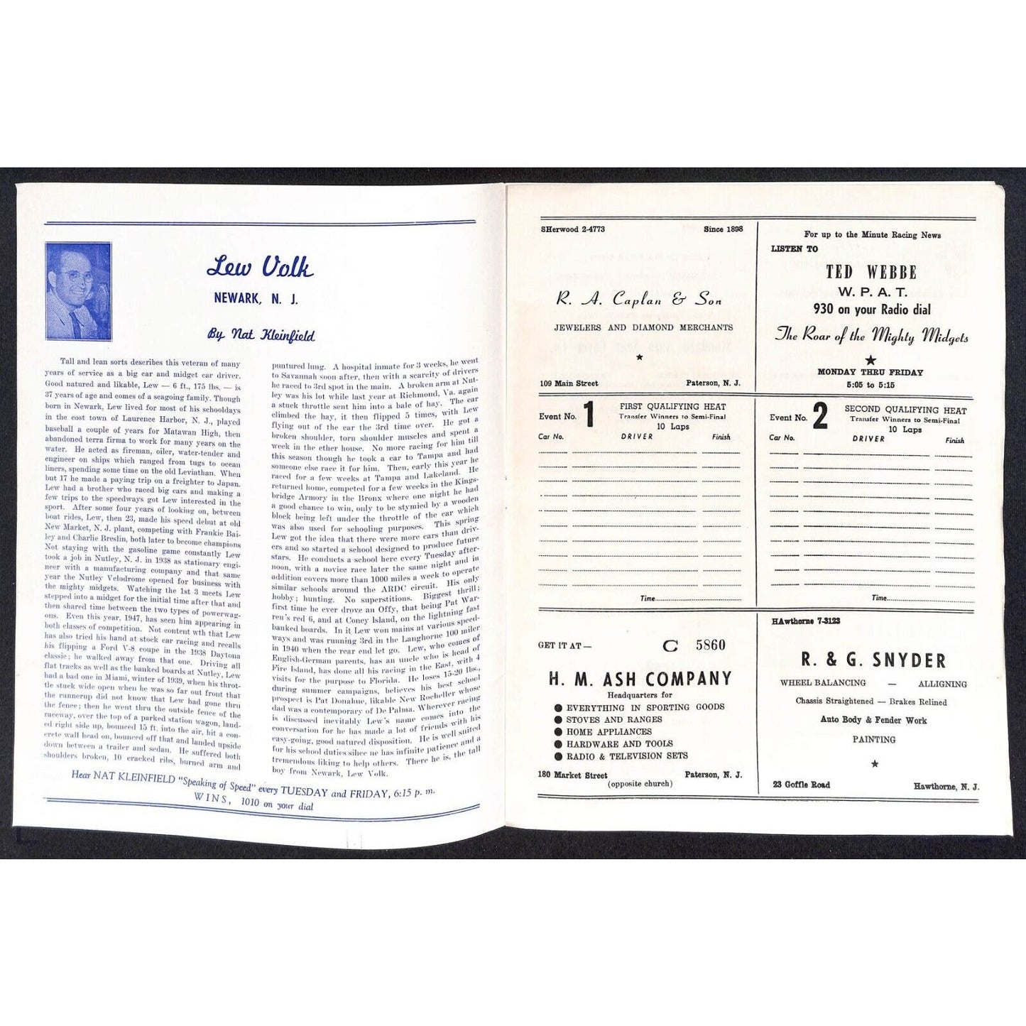 Hinchliffe Stadium Midget Auto Races 7/29 1947 Program Lew Volk 4pp VGC