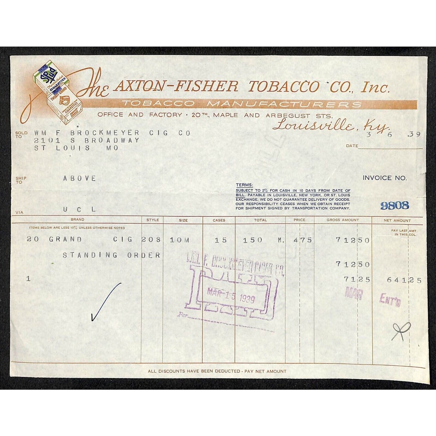 Louisville, KY The Axton-Fisher Tobacco Co. Spud Twenty Grand 3/6 1939 Billhead