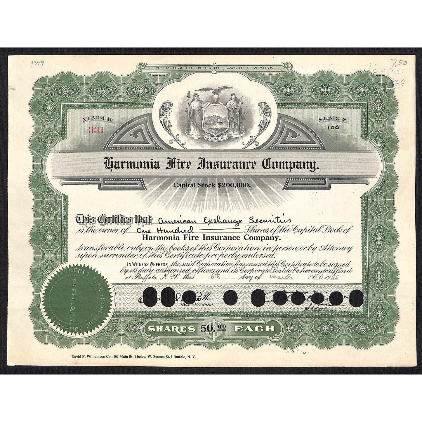 Harmonia Fire Insurance Co. NY 1925 Stock Certificate #331