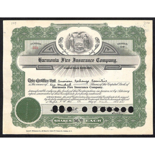 Harmonia Fire Insurance Co. NY 1925 Stock Certificate #331