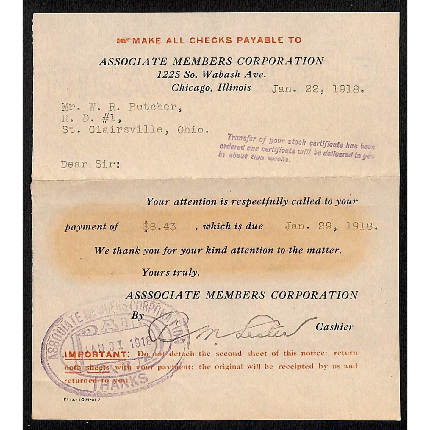 Associate Members Corporation Chicago 1918 Payment Reminder