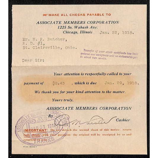 Associate Members Corporation Chicago 1918 Payment Reminder