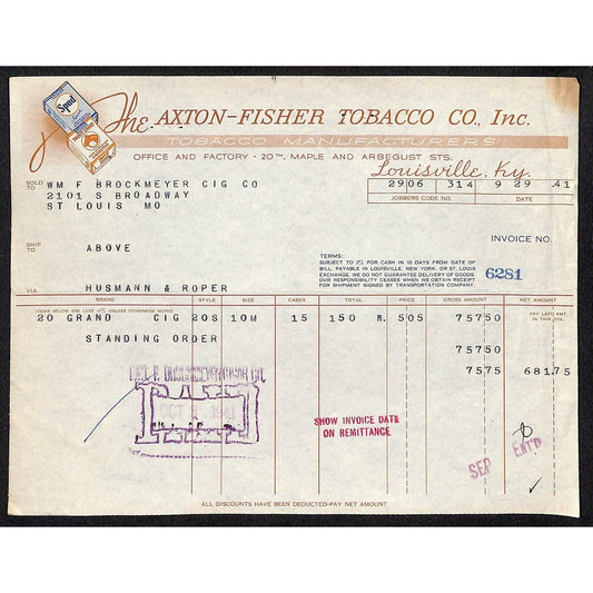 Louisville, KY The Axton-Fisher Tobacco Co Spud Twenty Grand 9/29 1941 Billhead
