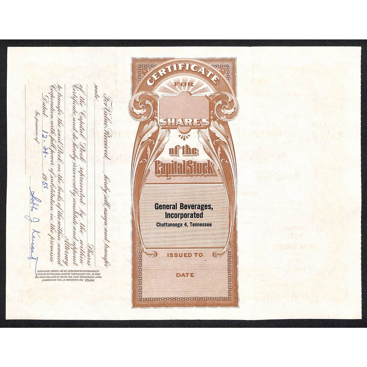 General Beverages, Inc.* Tennessee 1954 Stock Certificate Dr. Sabba J. Karsant