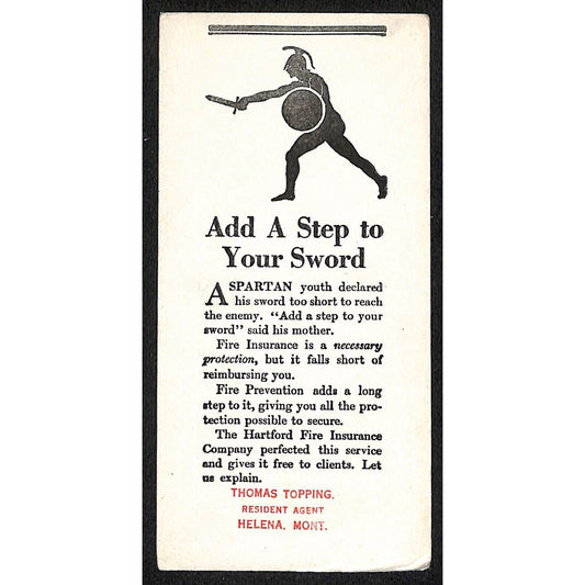 Helena, MT Ink Blotter c1925-35 Hartford Fire Ins. Thomas Topping Spartan Sword