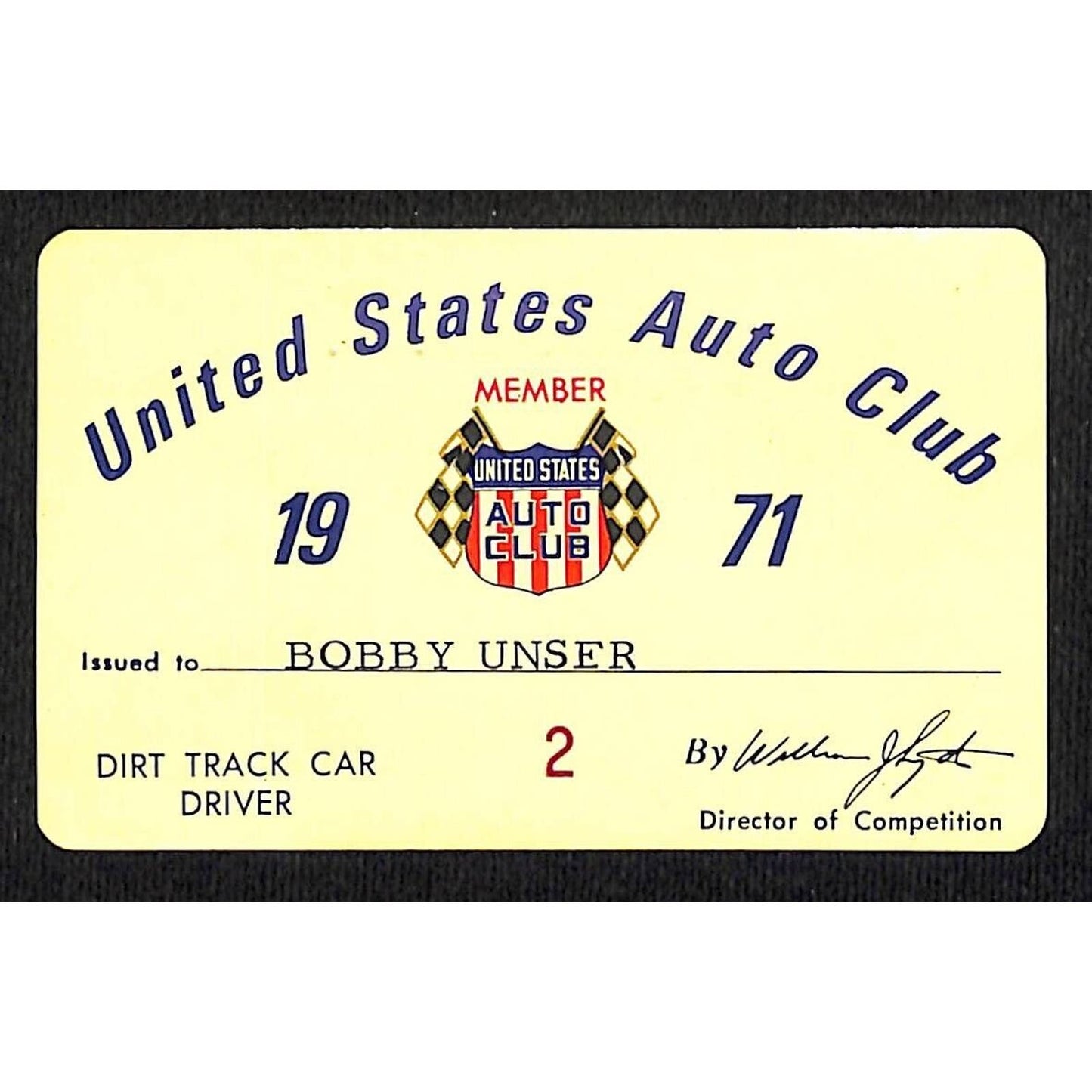 Bobby Unser's 1971 USAC Dirt Track Car Driver Member Card VGC - Unser's Estate