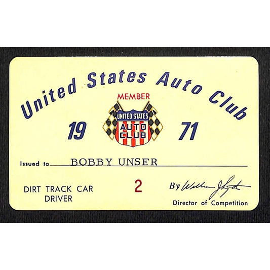 Bobby Unser's 1971 USAC Dirt Track Car Driver Member Card VGC - Unser's Estate