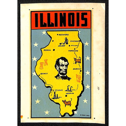 Illinois Map / President Lincoln Water Transfer Decal Travel Souvenir c1950's