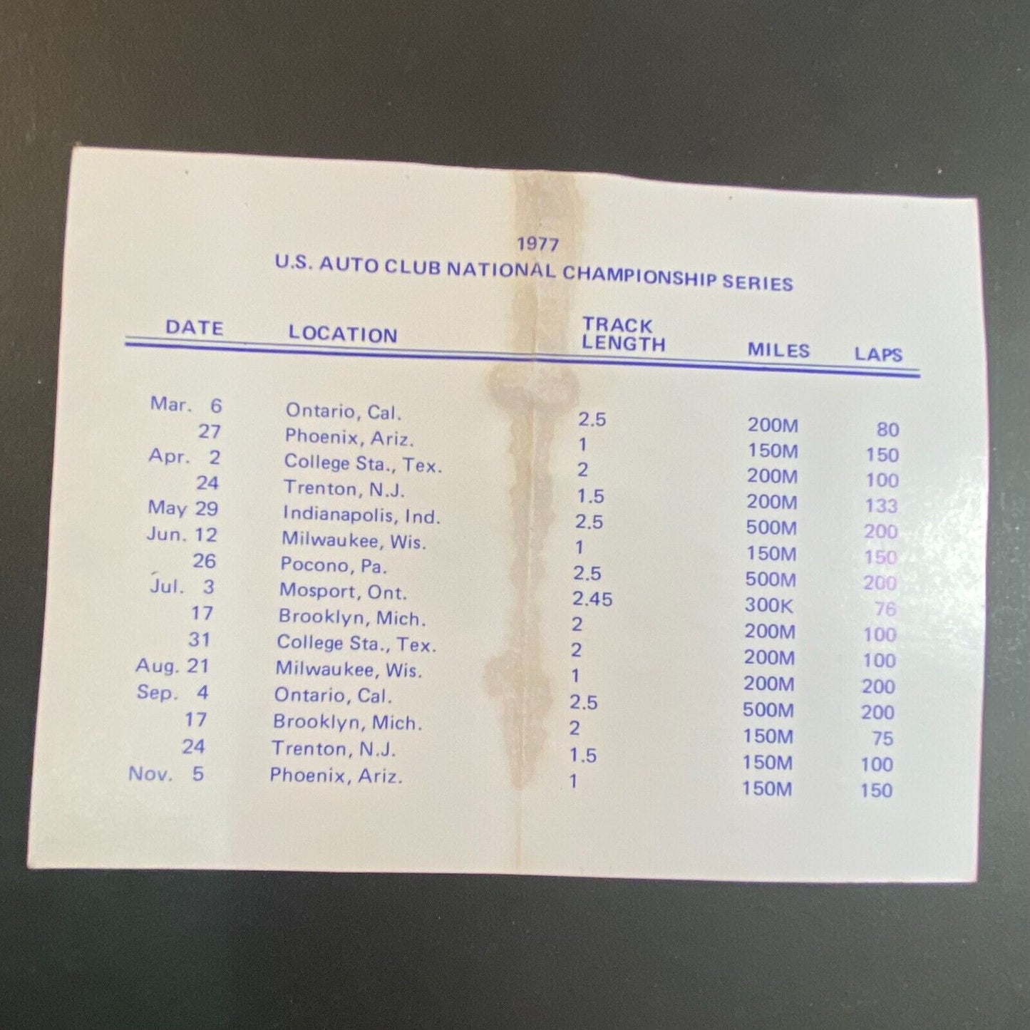 1977 STP Racing Team USAC City Corp National Champ. Series Pocket Schedule