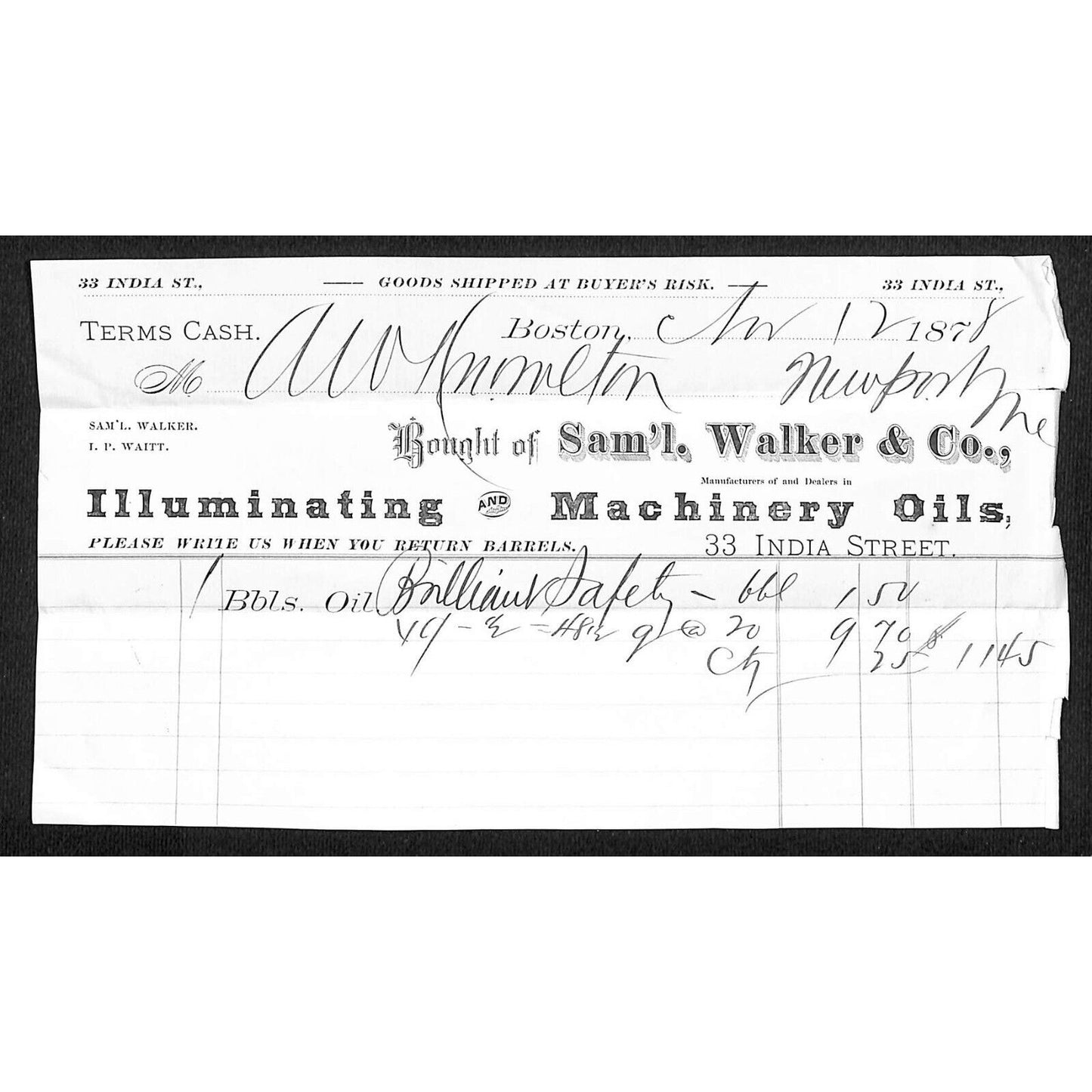 1878 A.W. Knowlton* Samuel, Walker & Co. Boston Illuminating Oils Billhead