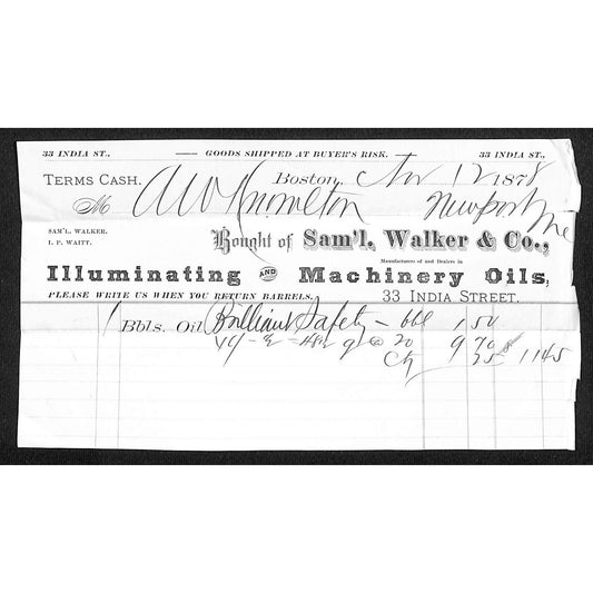 1878 A.W. Knowlton* Samuel, Walker & Co. Boston Illuminating Oils Billhead