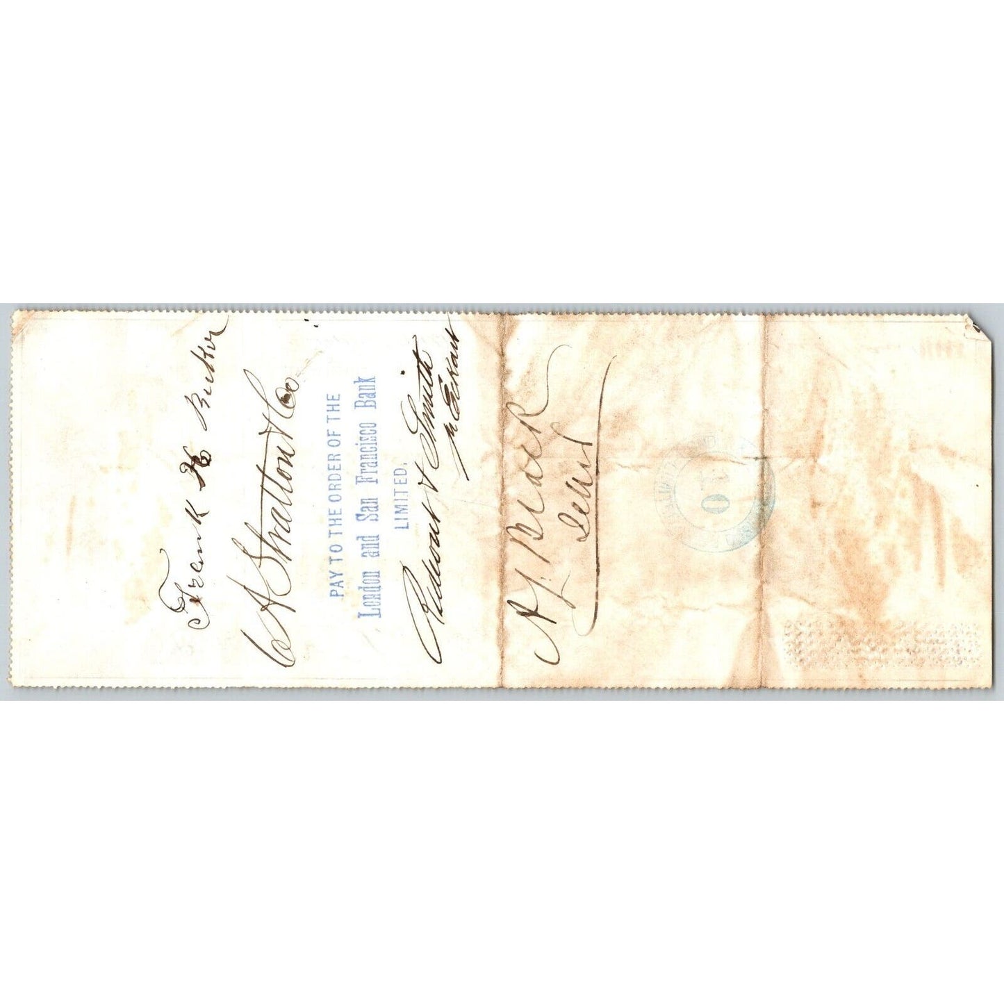 Bank of La Porte Check Frank H. Becker 1878 Mining Vignette RN-G1 Rev Stamp 4387