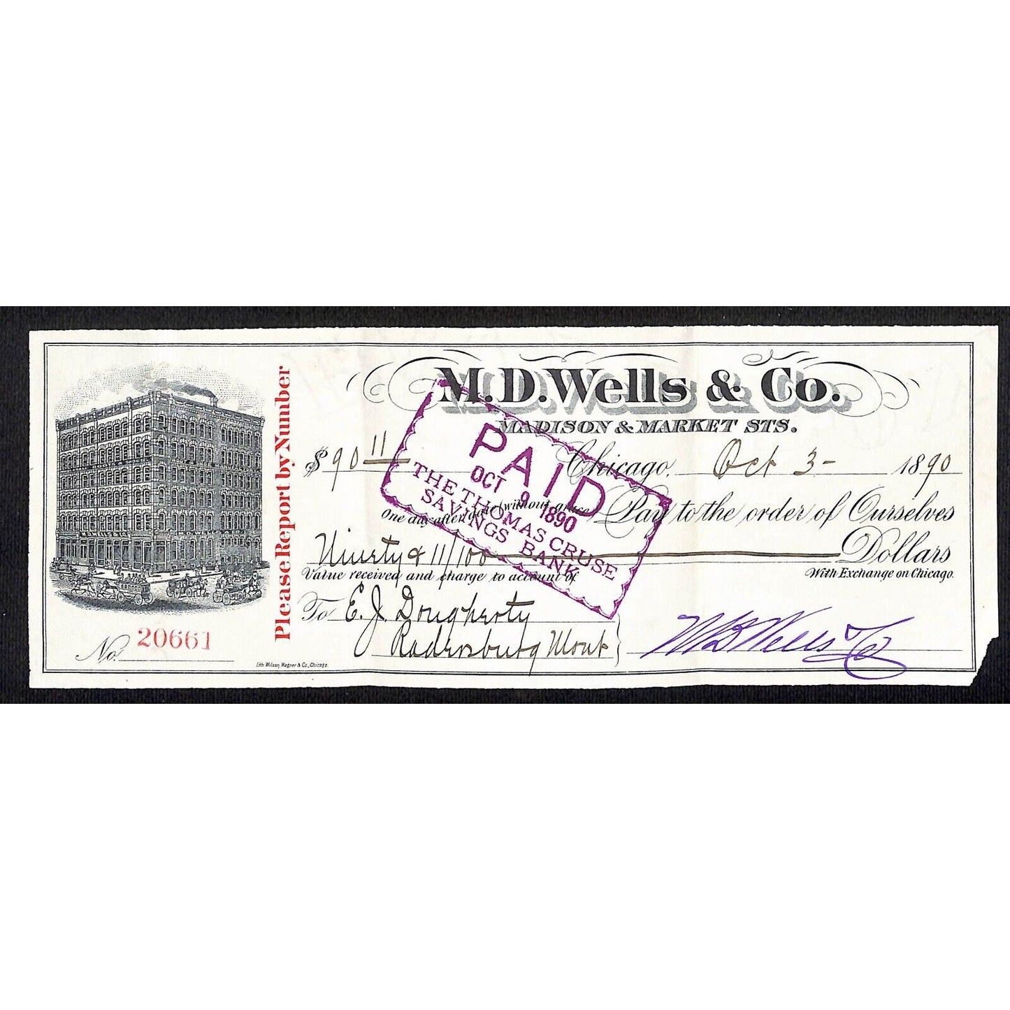 M.D. Wells & Co. (Boots and Shoes) Chicago 1890 Thomas Cruse Savings Bank Check