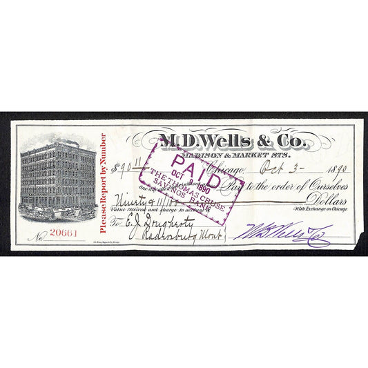 M.D. Wells & Co. (Boots and Shoes) Chicago 1890 Thomas Cruse Savings Bank Check