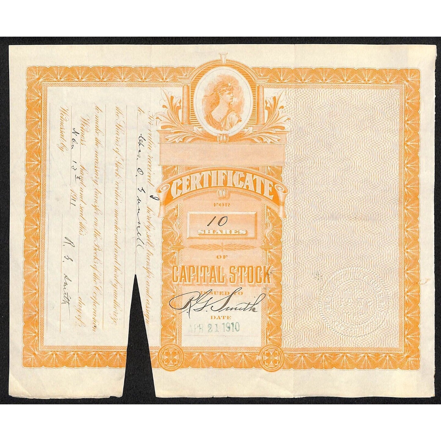 First National Bank of Lovelock, NV 1910 Stock Certificate to R.G. Smith *