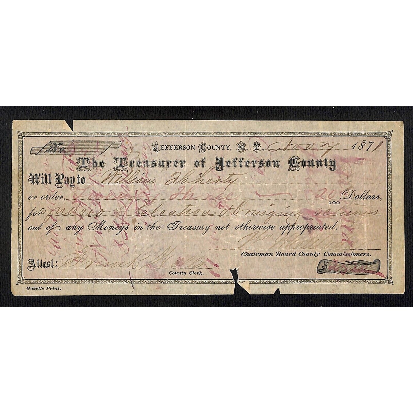 1871 Treasurer of Jefferson County Montana Territory Treasury Draft