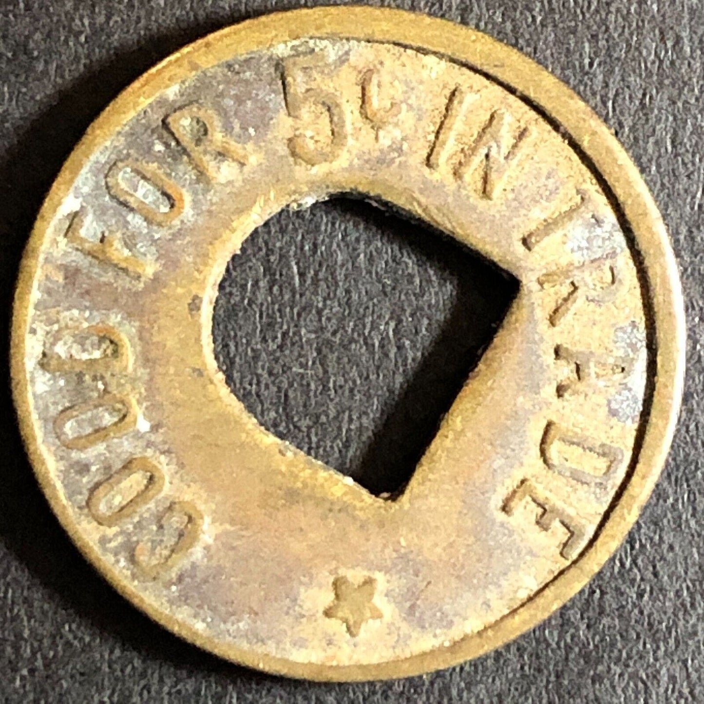 Geo. Dugan Woodland (CA Cigars Billiards) Brass G/F 5c Trade Token 21mm c1920s