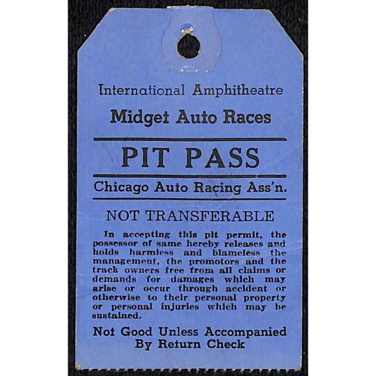 International Amphitheatre Midget Auto Races Pit Pass Chicago Auto Racing c1940s