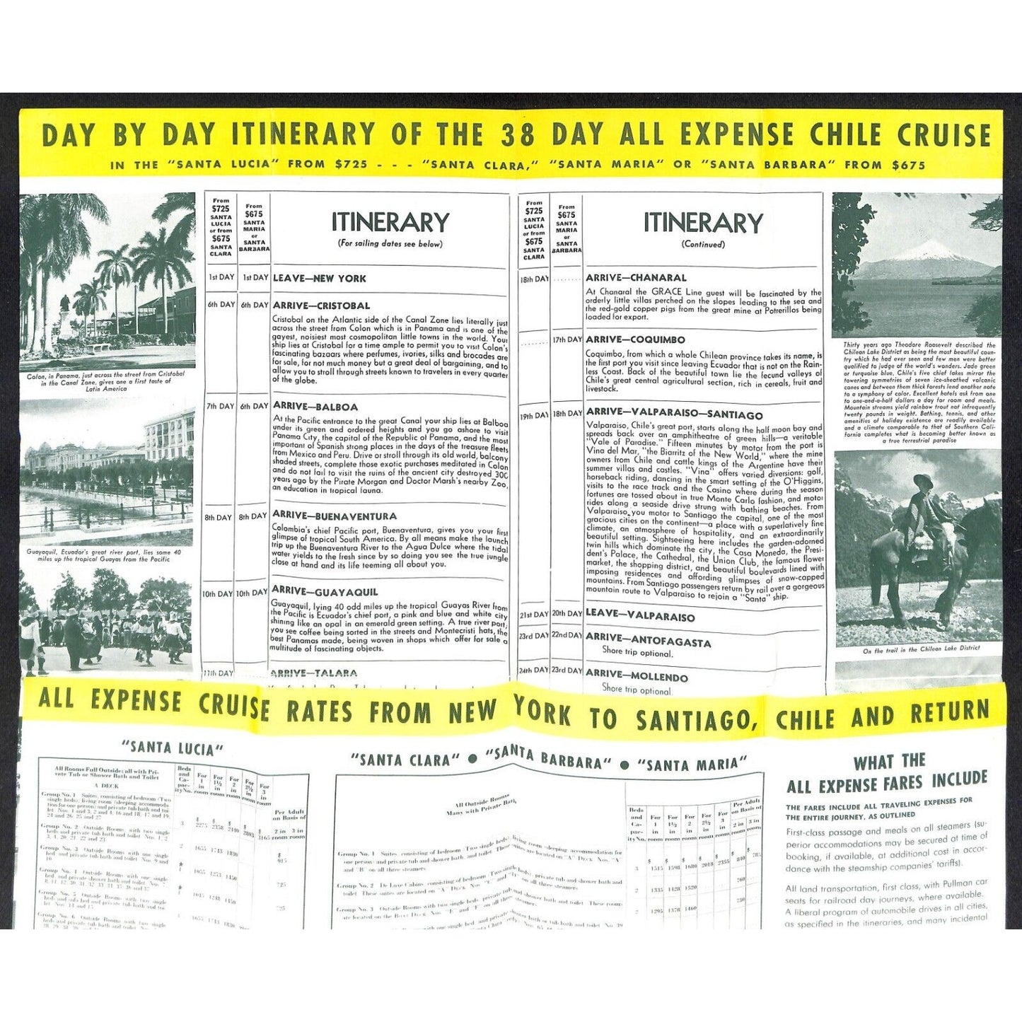 Grace Line Ocean Liner 38 Day Cruises to Chile 1938 Fold Out 16" x 28" Brochure